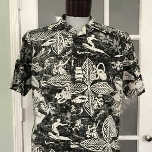 Land's End Men's Lg Hawaiian Casual Shirt Black Hawaii Palm Surfing Hula